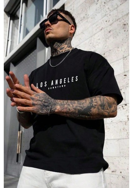 Los Angeles Downtown Baskılı Erkek Oversize T-Shirt