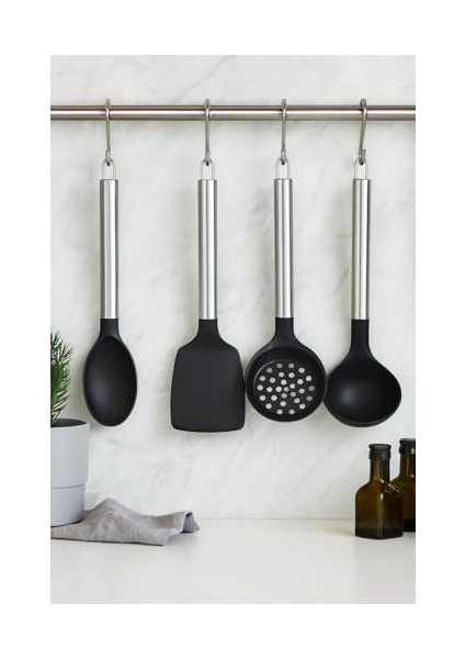 "4 Lü Silikon ve Paslanmaz Çelik Mutfak Seti - Dayanıklı Kepçe, Spatula, Kevgir ve Büyük Servis Kaşığı - Sağlam, Dayanıklı ve Şık Tasarım - Yemek Pişirme ve Servis Için Ideal Mutfak Gereçleri" modelleri