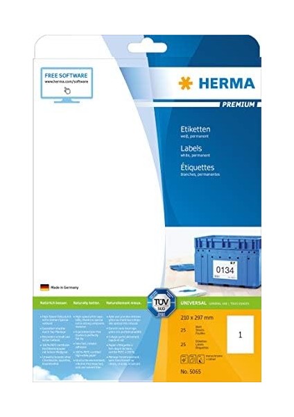 Herma 5065 Evrensel Etiketler, 25 Yaprak, 210 x 297 Mm, 1 Adet A4 Yaprak, 25 Adet, Kendinden Yapışkanlı, Yazdırılabilir, Mat, Çıkartma, Beyaz modelleri