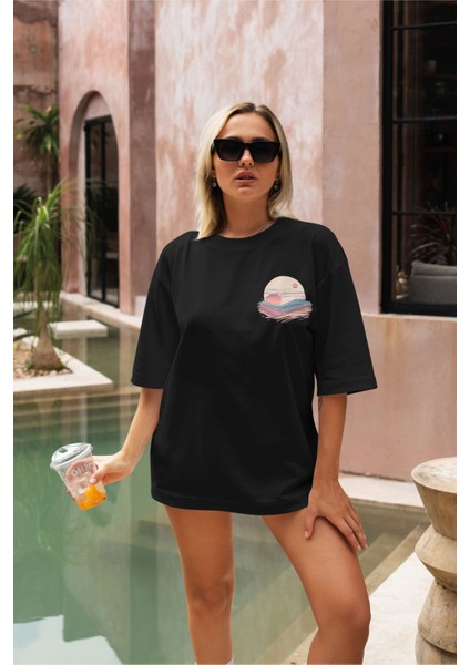 Gün Batımı Baskılı Oversize T-Shirt