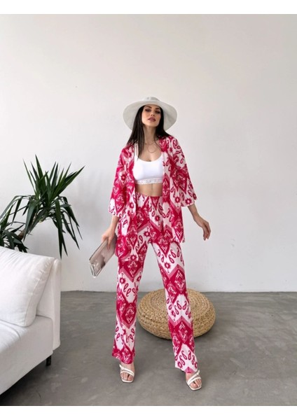 Kadın Defile Bürümcük Kumaş Fuşya Desenli Ikili Kimono Takımı