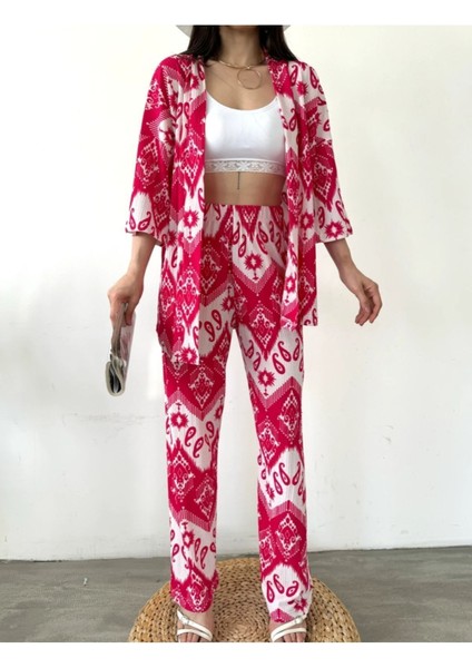 Kadın Defile Bürümcük Kumaş Fuşya Desenli Ikili Kimono Takımı fiyatları