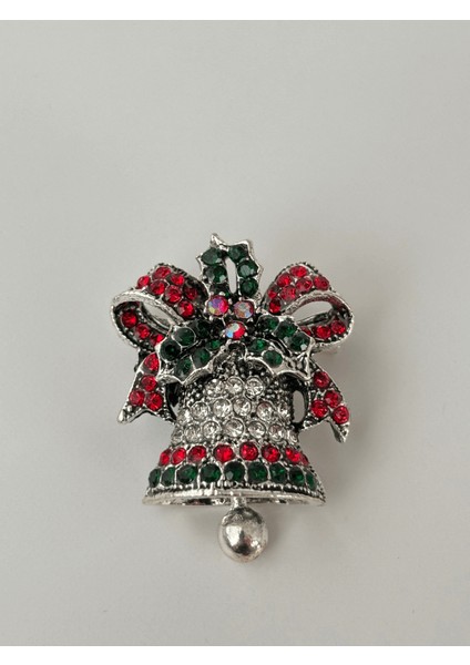 Kurdela Detaylı Renkli Parlak Taşlı Yılbaşı Çanı Figürlü Silver Broş