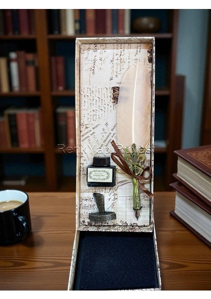 Zarif Şık Kuş Tüylü Vintage Kalem Seti Vintiç Divit Mürekkep Seti Hediyelik Kalem Seti