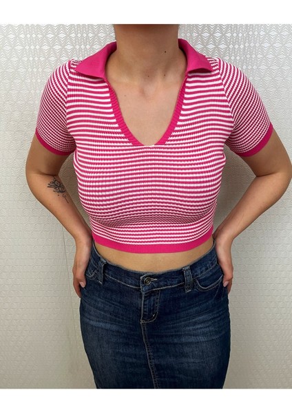 Kadın Pembe Polo Yaka Çizgili Triko Crop fiyatları