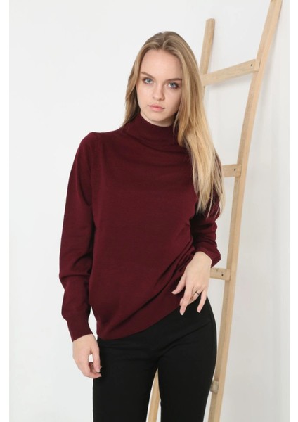 Yarım Boğaz Triko Kazak Yumuşak Dokulu Pamuklu Ince Dokuma, Uzun Kollu Rahat Regular Kalıp - Bor