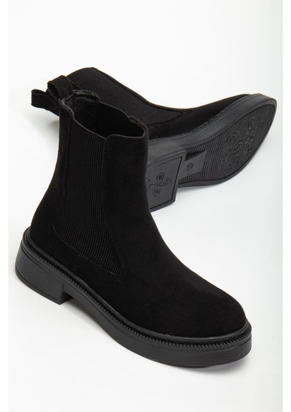 Kadın Lastikli Günlük Siyah Süet Kalın Tabanlı Bot