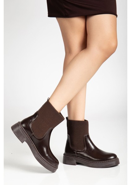 Kadın Kalın Taban Kahverengi Elastik Yan Bantlı Günlük Bot fırsatları