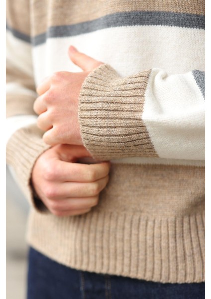 Vizon Çizgili Bisiklet Yaka Triko Erkek Kazak E7455 fırsatları