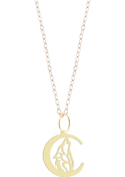 14 Ayar Altın Plakalı Kurt ve Ay Figürlü Özel Günler Için Hediyelik Altın KOLYE-826