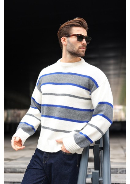 Kemik Rengi Çizgili Bisiklet Yaka Triko Erkek Kazak E7455