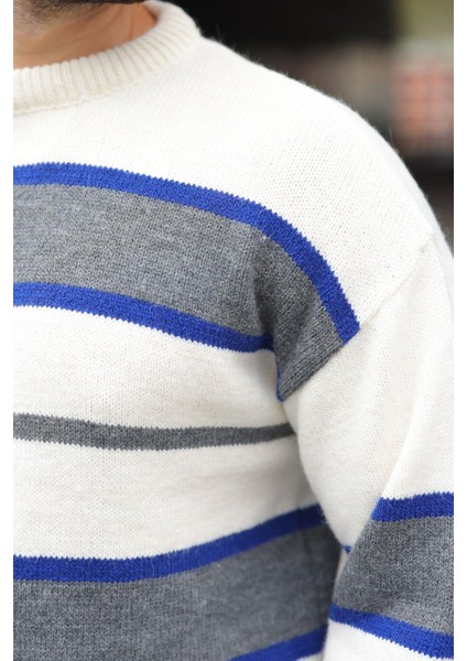 Kemik Rengi Çizgili Bisiklet Yaka Triko Erkek Kazak E7455 modelleri