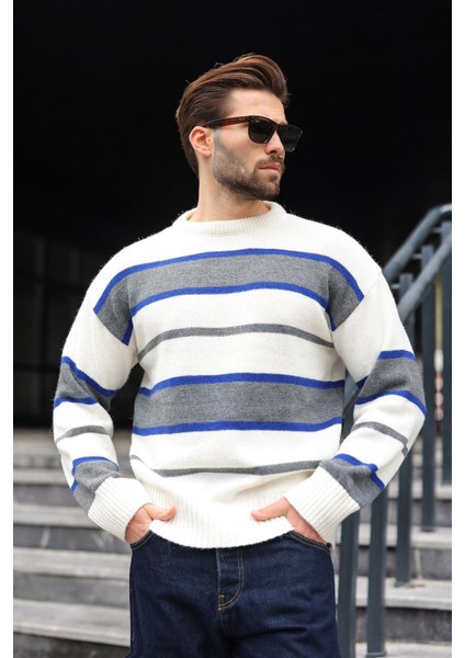 Kemik Rengi Çizgili Bisiklet Yaka Triko Erkek Kazak E7455 fırsatları