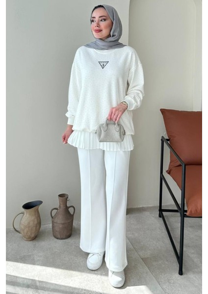Çimalı Beli Lastikli Scuba Kumaş Tesettür Pantolon- Beyaz