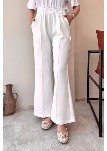 Çimalı Beli Lastikli Scuba Kumaş Tesettür Pantolon- Beyaz fiyatları