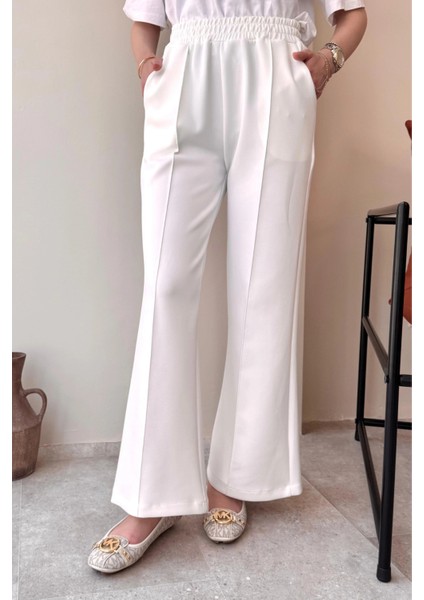 Çimalı Beli Lastikli Scuba Kumaş Tesettür Pantolon- Beyaz modelleri