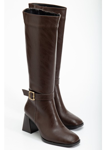 Kadın Kahverengi Cilt Küt Burun Diz Altı Topuklu Çizme