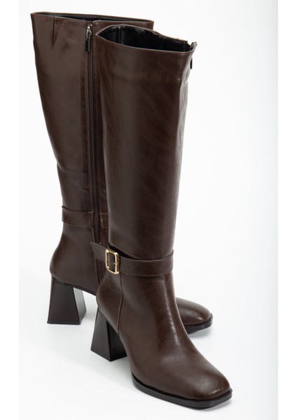 Kadın Kahverengi Cilt Küt Burun Diz Altı Topuklu Çizme fiyatları