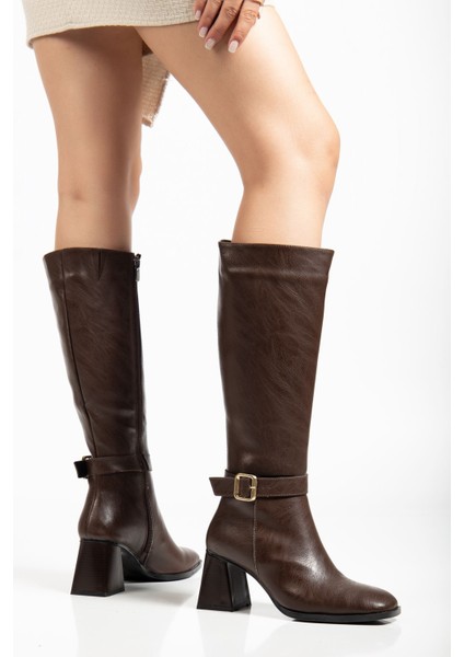 Kadın Kahverengi Cilt Küt Burun Diz Altı Topuklu Çizme fırsatları