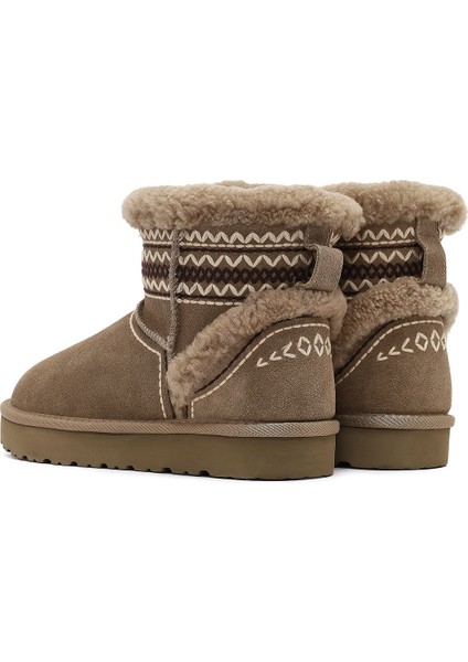 Kadın Bej Desenli Kürk Detaylı Süet Deri Teddy Bot 25WFD492710