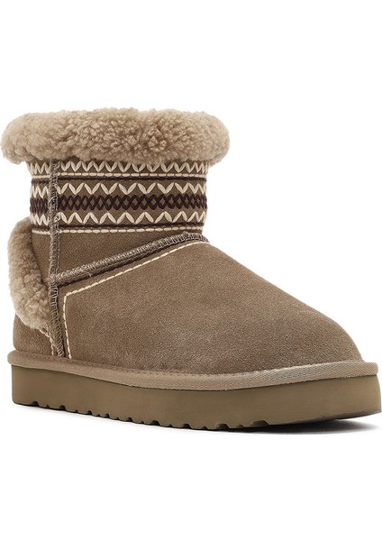 Kadın Bej Desenli Kürk Detaylı Süet Deri Teddy Bot 25WFD492710