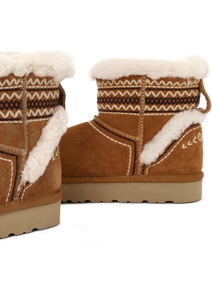 Kadın Camel Desenli Kürk Detaylı Süet Deri Teddy Bot 25WFD492710