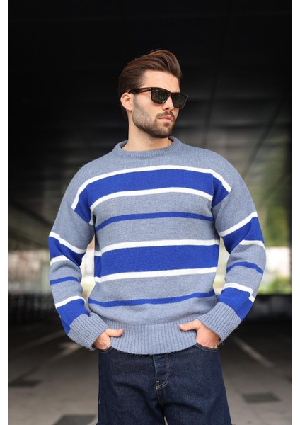 Indigo Çizgili Bisiklet Yaka Triko Erkek Kazak E7455 fiyatları