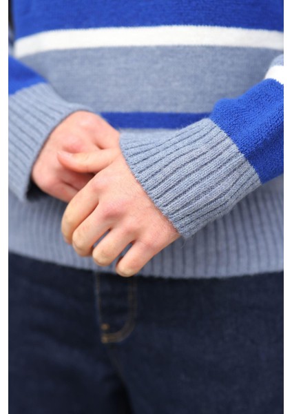 Indigo Çizgili Bisiklet Yaka Triko Erkek Kazak E7455 modelleri