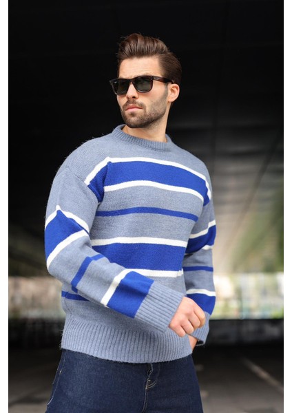 Indigo Çizgili Bisiklet Yaka Triko Erkek Kazak E7455 fırsatları