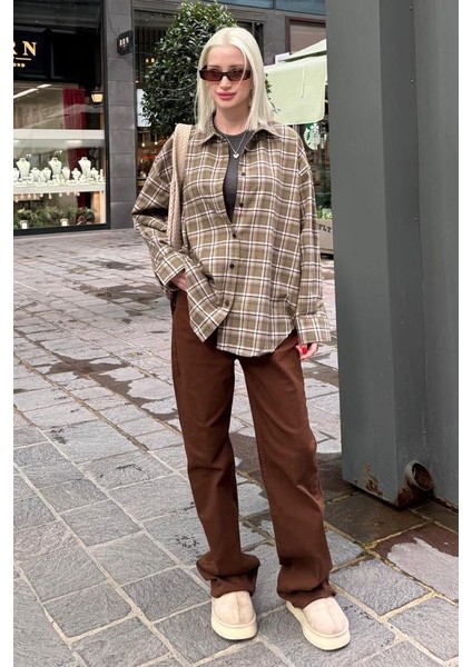 Haki Oversize Ekose Desenli Kadın Gömlek MG2589