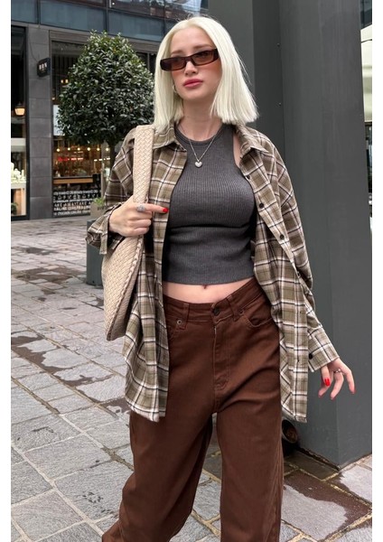 Haki Oversize Ekose Desenli Kadın Gömlek MG2589 fiyatları