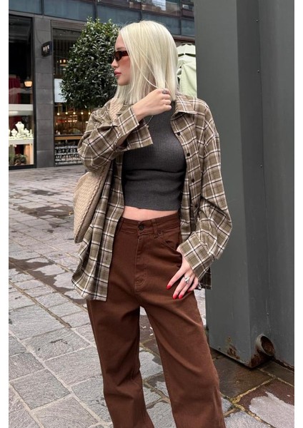 Haki Oversize Ekose Desenli Kadın Gömlek MG2589 modelleri