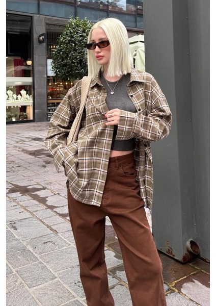 Haki Oversize Ekose Desenli Kadın Gömlek MG2589 fırsatları