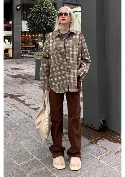 Haki Oversize Ekose Desenli Kadın Gömlek MG2589 indirimleri