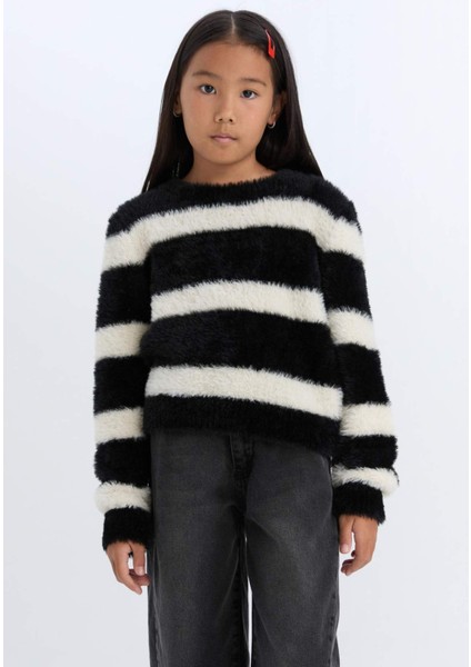 Kız Çocuk Bisiklet Yaka Çizgili Triko Kazak D1196A824WN