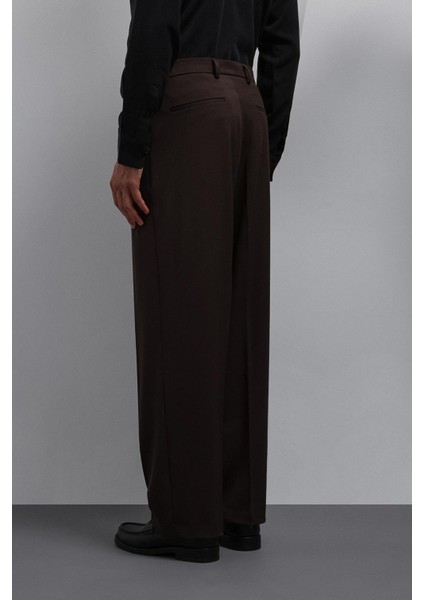 Koyu Kahve Relax Fit Baggy Pilili Erkek Pantolon indirimleri