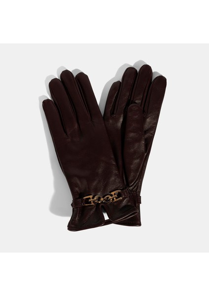 Kadın Bordo Zincir Aksesuarlı Deri Eldiven