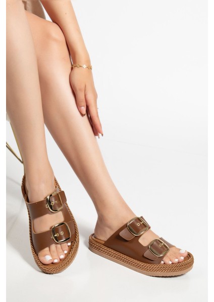 Kadın Kahverengi Günlük Çift Tokalı Rahat Taban Hasır Sandalet Terlik