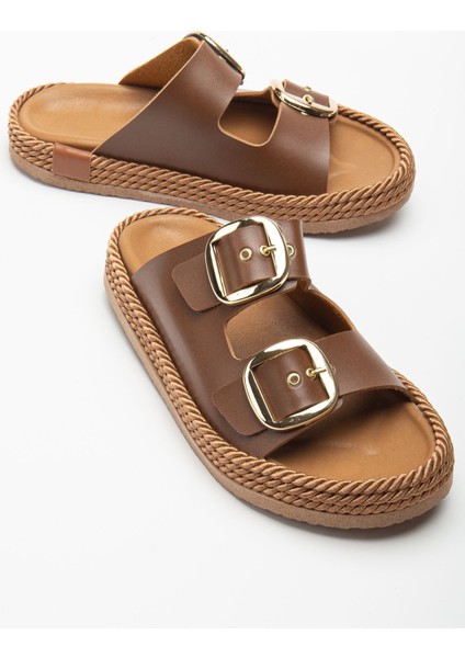 Kadın Kahverengi Günlük Çift Tokalı Rahat Taban Hasır Sandalet Terlik fiyatları