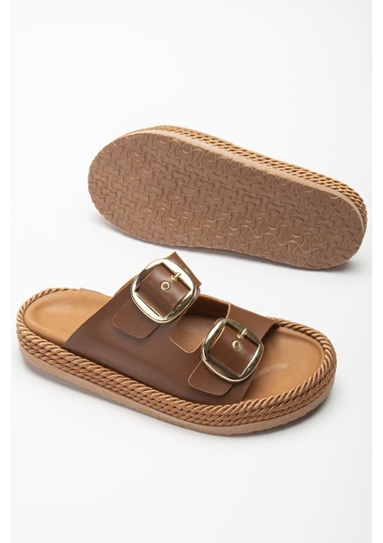 Kadın Kahverengi Günlük Çift Tokalı Rahat Taban Hasır Sandalet Terlik modelleri