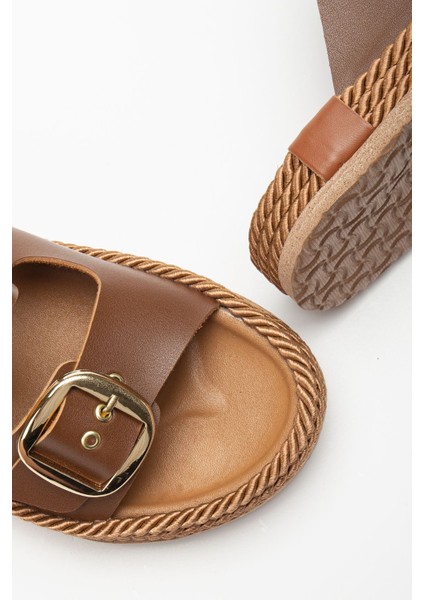 Kadın Kahverengi Günlük Çift Tokalı Rahat Taban Hasır Sandalet Terlik fırsatları