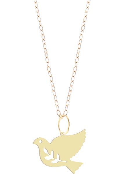 14 Ayar Altın Plakalı Yaprak Temalı Kuş Figürlü Özel Günler Için Hediyelik Altın KOLYE-834