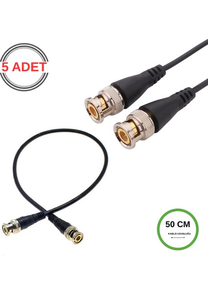 Bnc Kablo Erkek-Erkek Hazır Uçlu 0.5 mt - Siyah Cctv Görüntü Sinyal Kablosu - 5 Adet