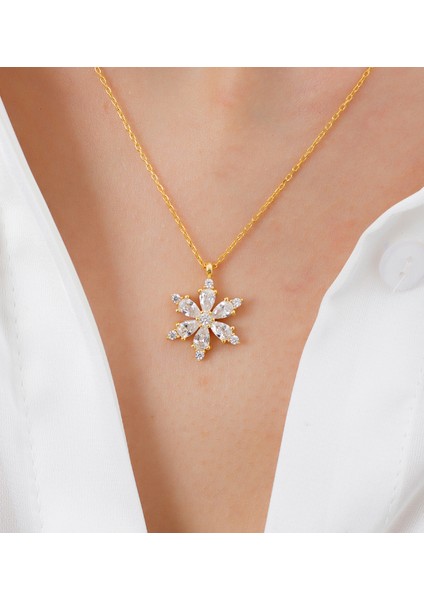 (Premium Işıklı Kutulu) 925 Ayar Gümüş Beyaz Taşlı 18 Ayar Gold Kaplama Lotus Çiçeği Kadın Kolye modelleri