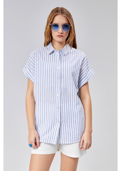 Kadın Çizgili Kol Katlamalı Kısa Kol Keten Gömlek