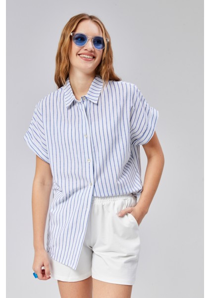 Kadın Çizgili Kol Katlamalı Kısa Kol Keten Gömlek fiyatları