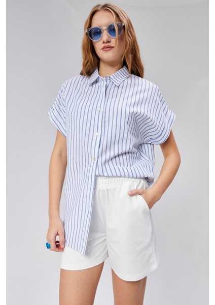 Kadın Çizgili Kol Katlamalı Kısa Kol Keten Gömlek modelleri