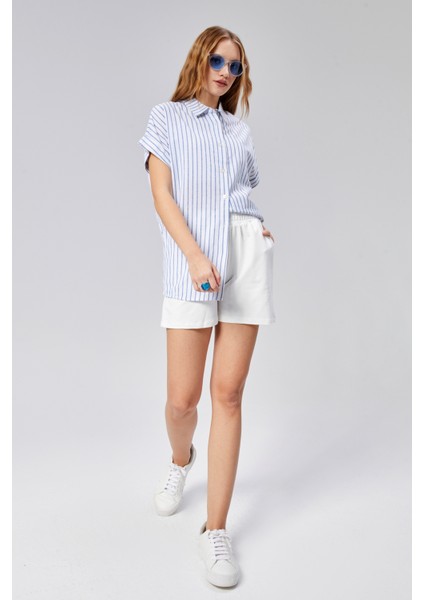 Kadın Çizgili Kol Katlamalı Kısa Kol Keten Gömlek fırsatları