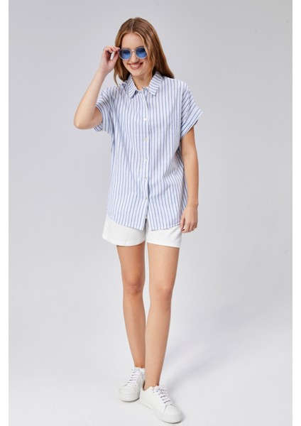 Kadın Çizgili Kol Katlamalı Kısa Kol Keten Gömlek indirimleri
