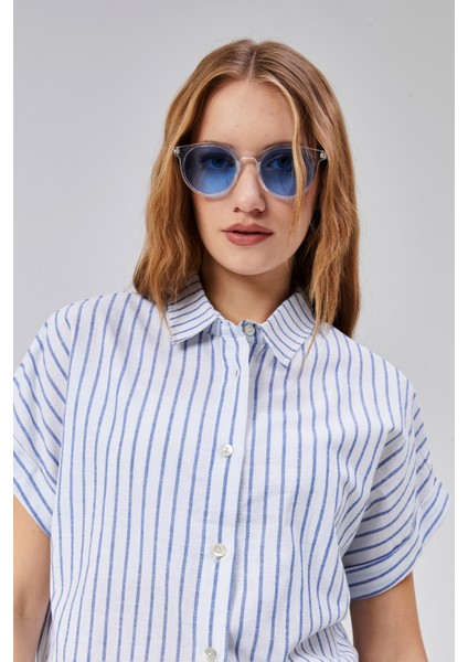 Kadın Çizgili Kol Katlamalı Kısa Kol Keten Gömlek